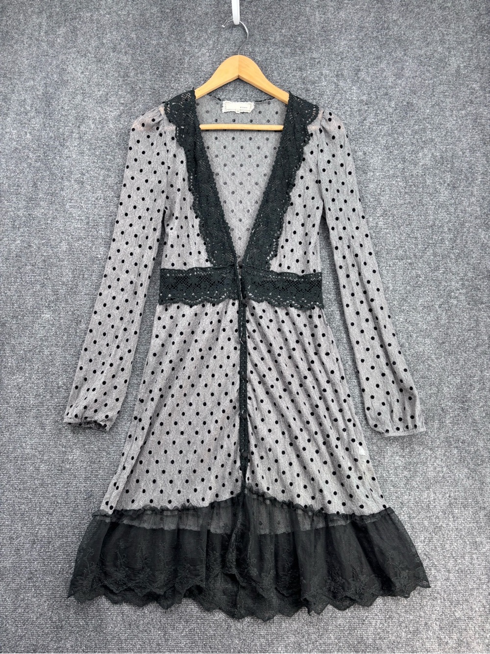 A’reve Whimsigoth Fairy Grunge Gray Dot Sheer Lace Overlay Top Women’s M